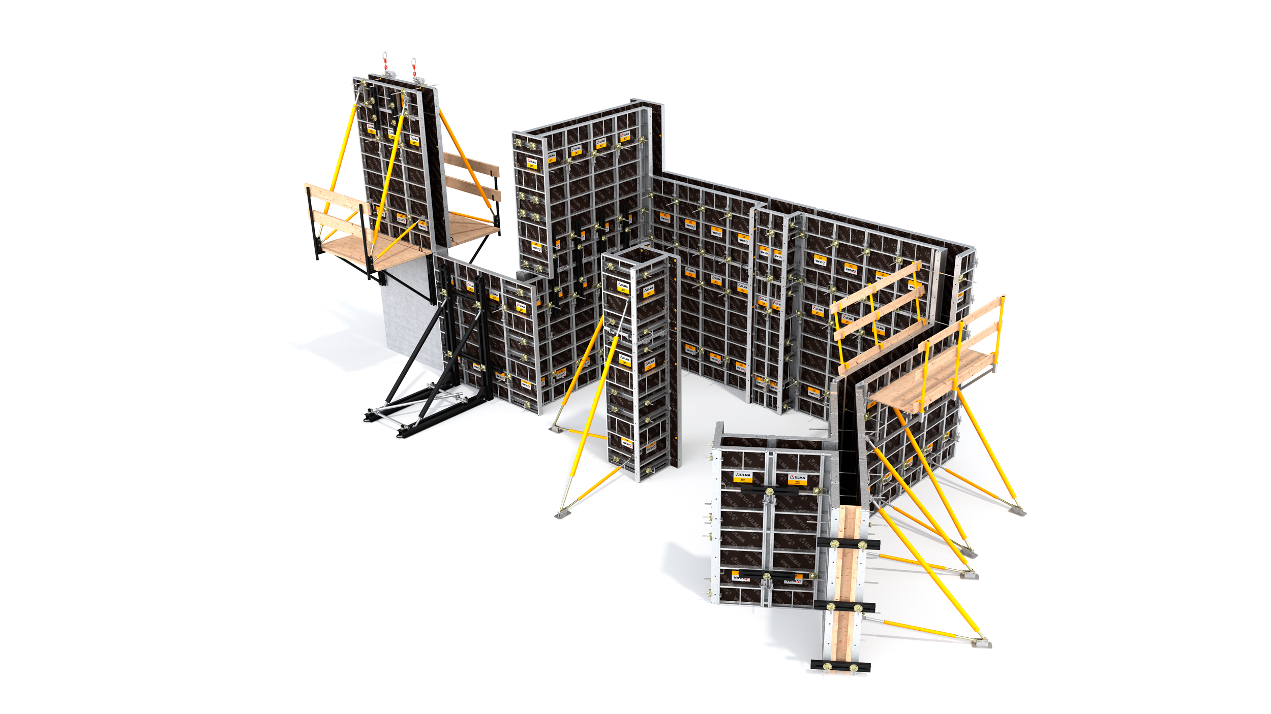 Moldaje modular de muros y pilares con una extensa gama de paneles de hasta 2,7m. Perfecto para geometrías complejas. Montaje manual o con grúa.